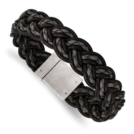 Stainless Steel Brushed Black and Grey Woven Leather Bracelet ,