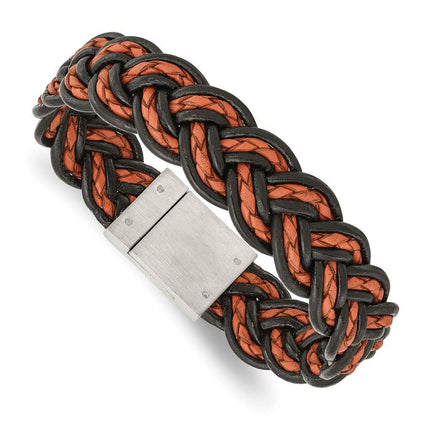 Stainless Steel Brushed Black and Orange Woven Leather Bracelet ,