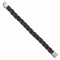 Stainless Steel Brushed Black Braided Faux Leather 8.25in Bracelet ,