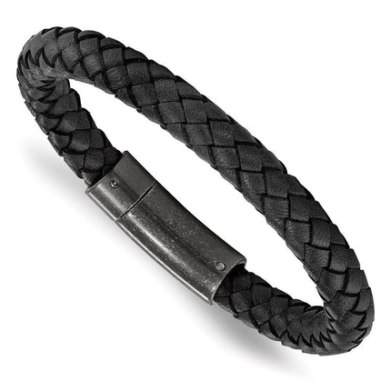 Stainless Steel Brushed Black Braided Genuine Leather 8.25in Bracelet ,