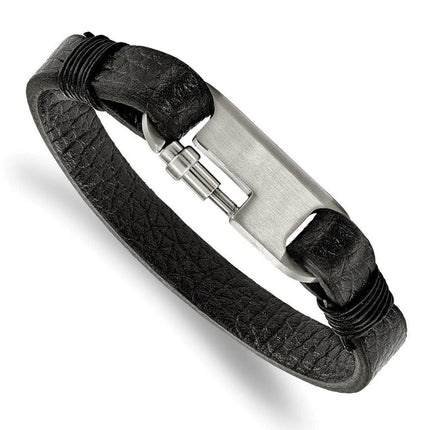 Stainless Steel Brushed Black Genuine Leather 8in Bracelet ,