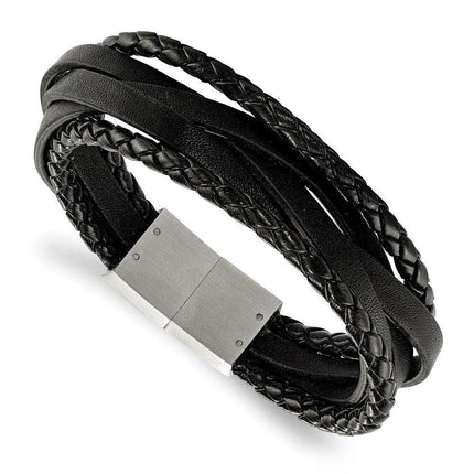 Stainless Steel Brushed Black Genuine Leather Braided Multi 8.25in Bracelet ,