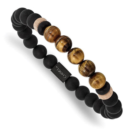 Stainless Steel Brushed Black IP Black Agate/Tiger's Eye Stretch Bracelet ,