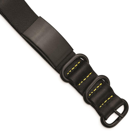 Stainless Steel Brushed Black IP Black Leather Adj. ID Bracelet ,