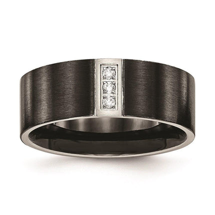 Stainless Steel Brushed Black IP Flat Three CZ Ring ,