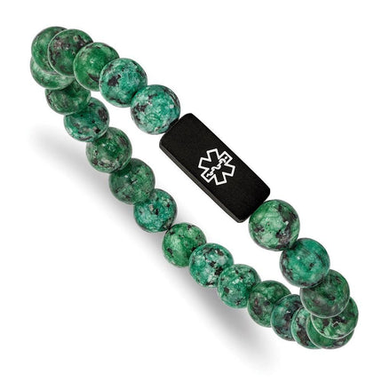 Stainless Steel Brushed Black IP Medical Dyed Green Bead Stretch Bracelet ,