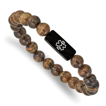Stainless Steel Brushed Black IP Medical ID Tiger's Eye Stretch Bracelet ,