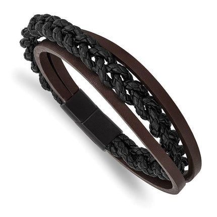Stainless Steel Brushed Black IP Multi Strand Black/Brown Leather Bracelet ,