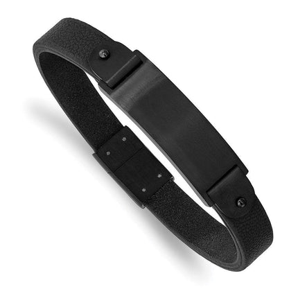 Stainless Steel Brushed Black IP-plated Black Leather 8.5in ID Bracelet ,