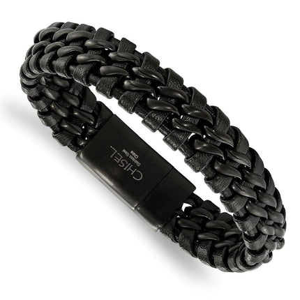 Stainless Steel Brushed Black IP-plated Black Leather Bracelet ,