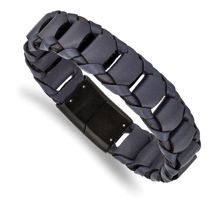 Stainless Steel Brushed Black IP-plated Blue Leather 8.5in Bracelet ,