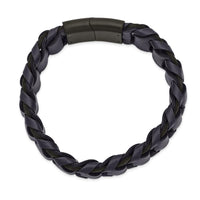 Stainless Steel Brushed Black IP-plated Blue Leather 8.5in Bracelet ,