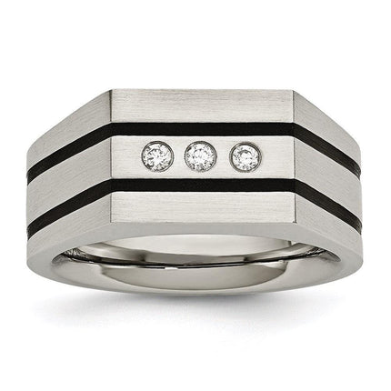 Stainless Steel Brushed Black IP-plated CZs Ring ,