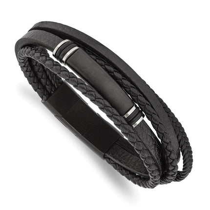 Stainless Steel Brushed Black IP PU Leather/Rubber w/.5in ext 8in Bracelet ,
