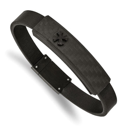 Stainless Steel Brushed Black IP w/Solid Carbon Fiber Leather 8.25in Bracel ,