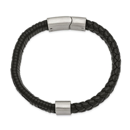 Stainless Steel Brushed Black Leather 8.25in Bracelet ,
