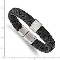 Stainless Steel Brushed Black Leather 8.25in Bracelet ,