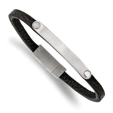Stainless Steel Brushed Black Leather 8.25in ID Bracelet ,