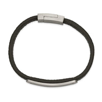 Stainless Steel Brushed Black Leather 8.25in ID Bracelet ,