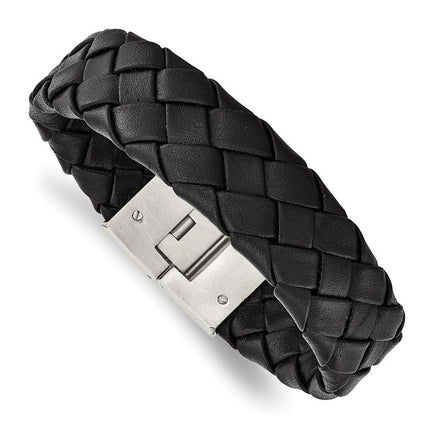 Stainless Steel Brushed Black Leather 8.5 in Bracelet ,