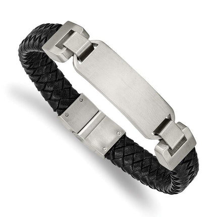 Stainless Steel Brushed Black Leather 8.5in ID Bracelet ,