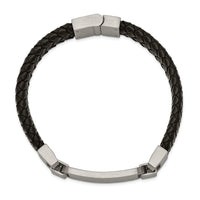 Stainless Steel Brushed Black Leather 8.5in ID Bracelet ,