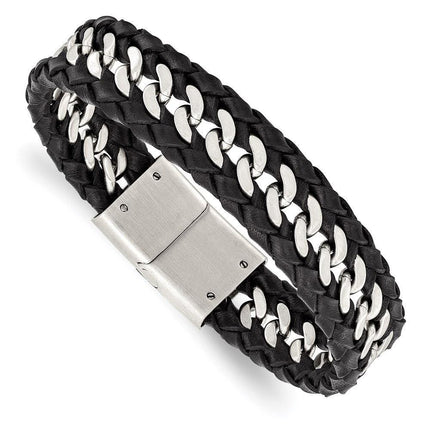 Stainless Steel Brushed Black Leather Bracelet ,