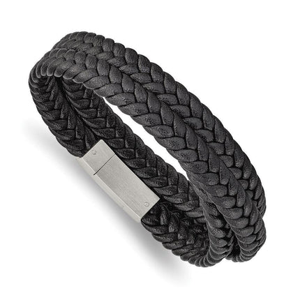 Stainless Steel Brushed Black Leather Braided 23in Wrap Bracelet ,