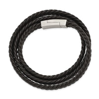 Stainless Steel Brushed Black Leather Braided 23in Wrap Bracelet ,