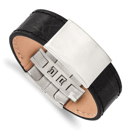 Stainless Steel Brushed Black Leather ID Bracelet ,