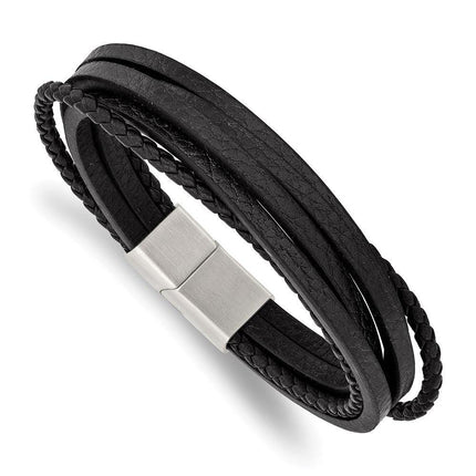 Stainless Steel Brushed Black Leather Multi Strand 8in Bracelet ,