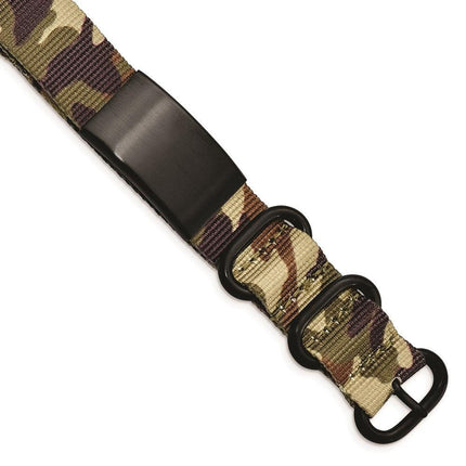 Stainless Steel Brushed Blk IP Brown Camo Fabric Adjustable ID Bracelet ,