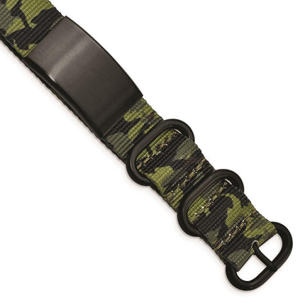 Stainless Steel Brushed Blk IP Green Camo Fabric Adjustable ID Bracelet ,