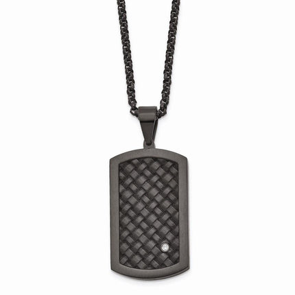 Stainless Steel Brushed Blk Leather Blk IP CZ Dogtag Necklace ,
