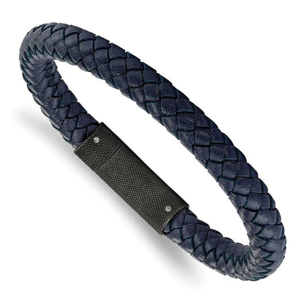 Stainless Steel Brushed Blue Leather Braided 8.5in Bracelet ,