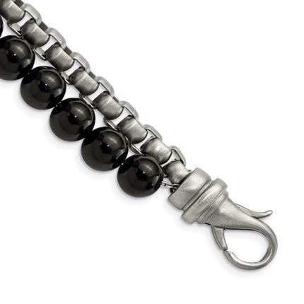 Stainless Steel Brushed Box Chain & Black Onyx 2 Strand 8.5in Bracelet ,