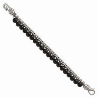 Stainless Steel Brushed Box Chain & Black Onyx 2 Strand 8.5in Bracelet ,