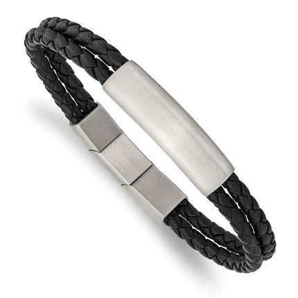 Stainless Steel Brushed Braided Black Leather w/.5in ext 8in Bracelet ,