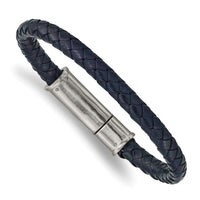 Stainless Steel Brushed Braided Blue Leather 8.25in Bracelet ,