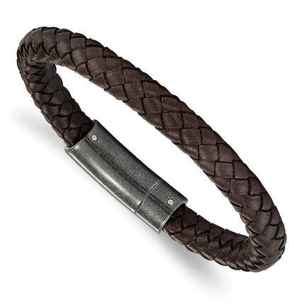 Stainless Steel Brushed Brown Braided Genuine Leather 8.25in Bracelet ,
