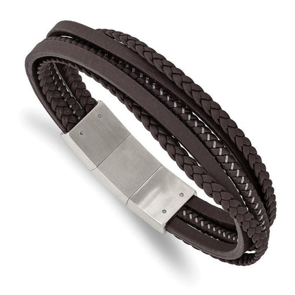 Stainless Steel Brushed Brown Braided Leather & Wire w/.5in ext Bracelet ,