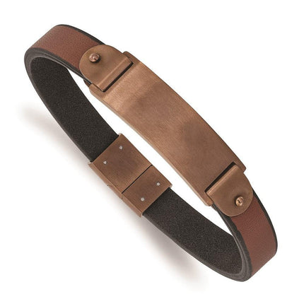 Stainless Steel Brushed Brown IP-plated Brown Leather 8.5in ID Bracelet ,