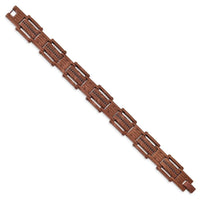 Stainless Steel Brushed Brown IP w/ Black CZ Textured Bracelet ,