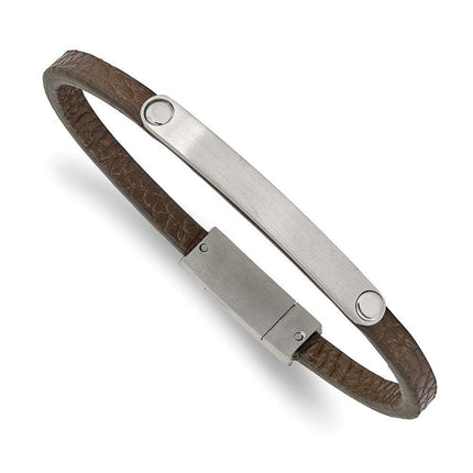 Stainless Steel Brushed Brown Leather 8.25in ID Bracelet ,