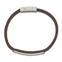 Stainless Steel Brushed Brown Leather 8.25in ID Bracelet ,