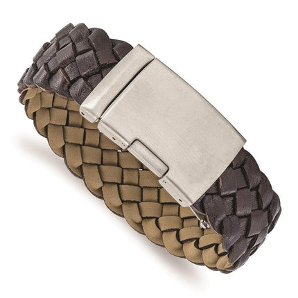 Stainless Steel Brushed Brown Leather Bracelet ,