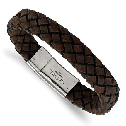Stainless Steel Brushed Brown Leather Bracelet ,