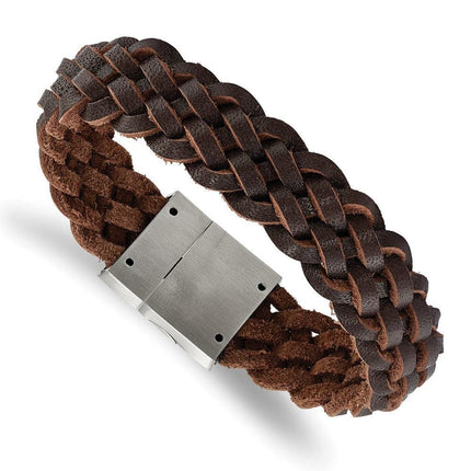 Stainless Steel Brushed Brown Leather Braided Bracelet ,