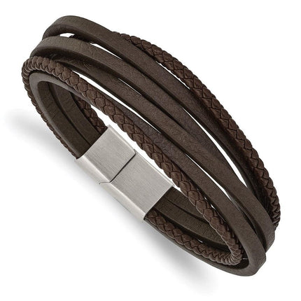 Stainless Steel Brushed Brown Leather Multi Strand 8in Bracelet ,