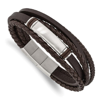 Stainless Steel Brushed Brown PU Leather & Rubber w/.5in ext 8in Bracelet ,